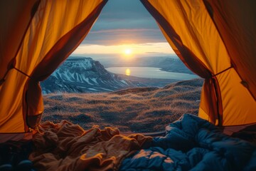 Embracing the beauty of nature, a tarpaulin-clad tent provides the perfect vantage point for a breathtaking sunset and sunrise over the majestic mountains in this picturesque outdoor landscape
