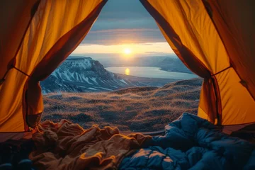 Fotobehang Embracing the beauty of nature, a tarpaulin-clad tent provides the perfect vantage point for a breathtaking sunset and sunrise over the majestic mountains in this picturesque outdoor landscape © Larisa AI