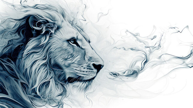  a black and white photo of a lion's face with smoke coming out of it's manes.