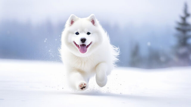 Portrait of dog Samoyed breed, white color pet runs with his tongue hanging out along path in winter forest, isolated on blurred watercolor background, space for text, art postcard