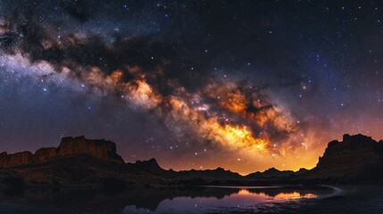  a night sky filled with lots of stars and a large amount of stars above a body of water with a mountain range in the background.