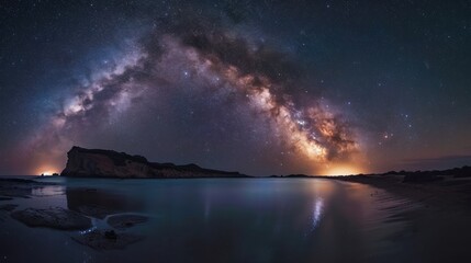  the milky shines brightly in the night sky above a body of water with a rock outcropping in the foreground.