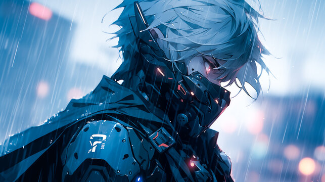 Menacing cyberpunk anime character, fierce warrior in a gritty urban cyberpunk setting with heavy rain.
