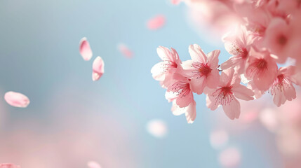  pink flowers are floating in the air on a blue and pink background with a blurry sky in the background.