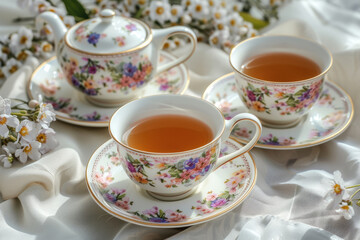 Fototapeta premium Tea set with floral dishware and flowers. Generative AI