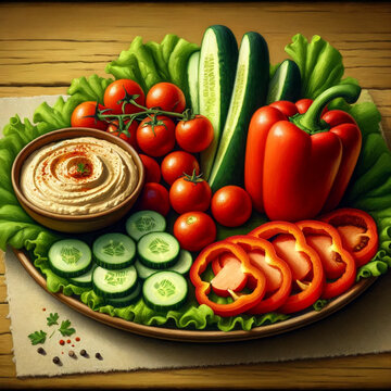 Vegetables on a plate, whole and sliced, with classic hummus. Illustration in a realistyc style.