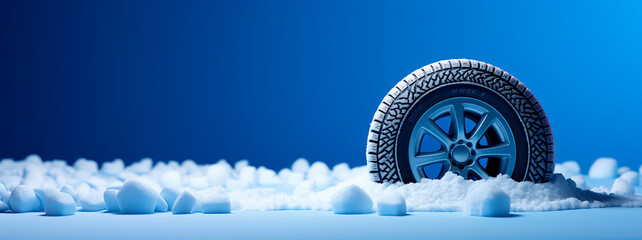 Naklejka premium winter tire on a snowdrift, blue background 
