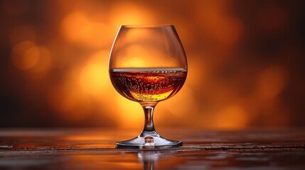  a close up of a wine glass on a table with a blurry light in the background of the glass.