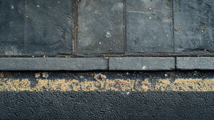 Top view of urban street with fading yellow line, curb and sidewalk creating a frame for text.