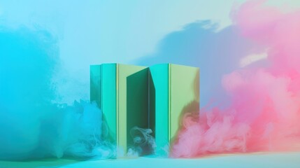  a green and pink box sitting on top of a table next to a cloud of pink and blue smoke on a blue and pink background.