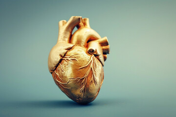 A 3d model of a human heart with a golden sheen on a blue-toned background