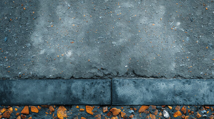Top view of urban street with fading yellow line, curb and sidewalk creating a frame for text. - obrazy, fototapety, plakaty