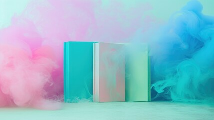  a blue and pink book sitting on top of a white floor next to a pink and blue cloud of smoke.