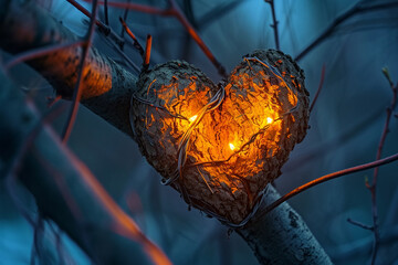 A heart with glowing lights in the crook of tree branches