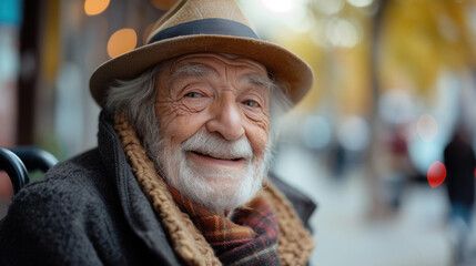 80 years old man smiling bright in the camera sitting in a hypermodern wheelchair