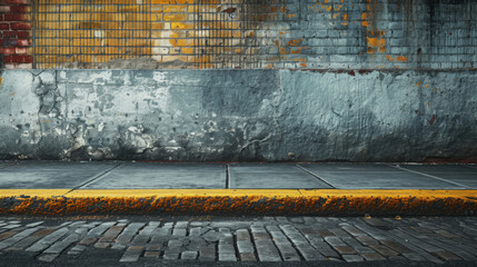 A gritty urban street curb with a distinct yellow line and cobblestone detail. - obrazy, fototapety, plakaty