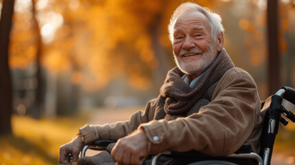 80 years old man smiling bright in the camera sitting in a hypermodern wheelchair