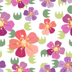 Fototapeta na wymiar Composition with five petal flowers in pastel pink, purple and red tones arranged with green elements. Floral vector seamless pattern on white background.