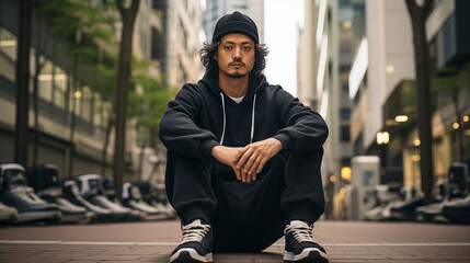 A HD Portrait of a young man with dark hair standing in the Streets of Tokyo. 