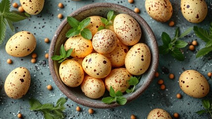  a bowl filled with small speckled eggs surrounded by smaller speckled eggs and green leaves on a gray surface. - obrazy, fototapety, plakaty