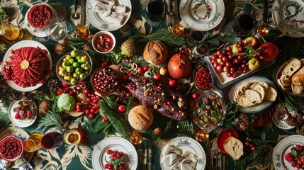  a table topped with plates of food and a platter of fruit on top of a table covered in greenery.