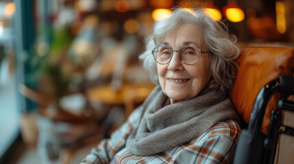 80 years old woman smiling bright in the camera sitting in a hypermodern wheelchair