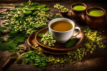  A Serene Journey through a Tranquil Tea Time Setting, Enchantingly Showcasing a Cup of Moringa Herbal Tea, Accompanied by Fresh Leaves and Blooms. Evoke a Profound Sense of Natural Serenity, Where Ev