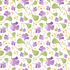 Composition of violet flowers with green leaves, yellow stamens and pollen grains in seamless pattern. Attractive art texture for printing on fabric, wrapping, homeware, wallpaper, apparel etc.