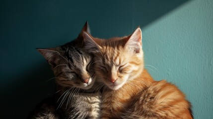 Fototapeta premium a couple of cats laying next to each other on top of a blue wall in front of a green wall.