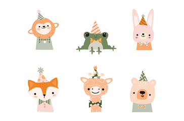 Funny animal characters. Kids, baby vector illustration. Happy birthday elements