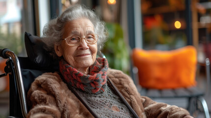 80 years old woman smiling bright in the camera sitting in a hypermodern wheelchair