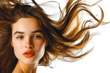 Fototapeta premium Closeup photo portrait of beautiful young female model woman shaking her beautiful brown hair in motion, isolated on a white background