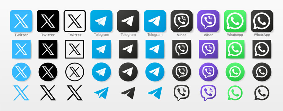 Social media logotype. Twitter, Telegram, Whatsapp, Viber logo. Popular editorial app. Social network interface template.
