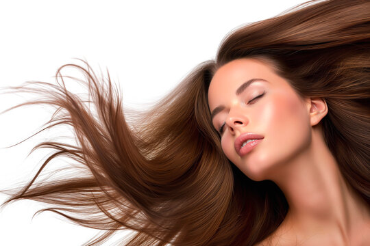 Closeup photo portrait of beautiful young female model woman shaking her beautiful brown hair in motion, isolated on a white background