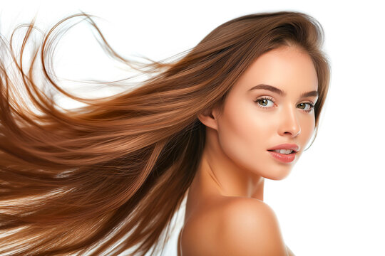 Closeup photo portrait of beautiful young female model woman shaking her beautiful brown hair in motion, isolated on a white background