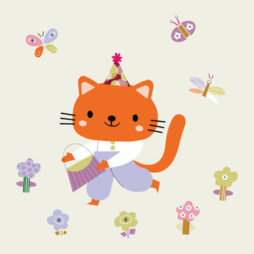 Cute cat with flowers and butterflies. Decorative abstract illustration with colorful doodles. Hand-drawn modern illustration with cat, butterflies and  flowers. 