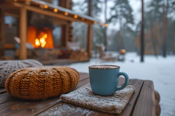 Foto op Plexiglas A cozy cabin in a snowy forest, with a warm fireplace and hot chocolate. Created with generative AI. © Quality Arts