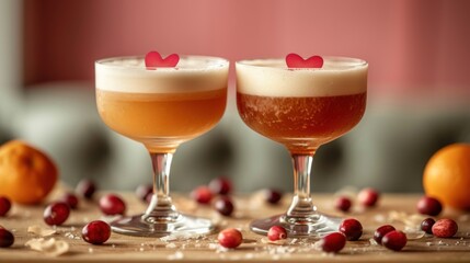  two glasses filled with drinks sitting on top of a table next to oranges and pomegranates.