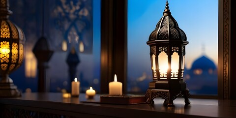 Landscape photo of an Islamic lantern lamp with blurred mosque in the background for Eid ul fitr , Eid ul adha and Ramadan Mubarak background, Ramzan Mubarak Poster, Ramadan Kareem banner copy space - obrazy, fototapety, plakaty