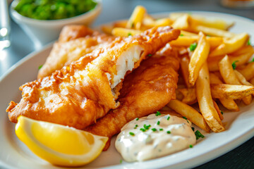 plate of fish and chips, a British fast food with battered and fried fish fillets and thick-cut...