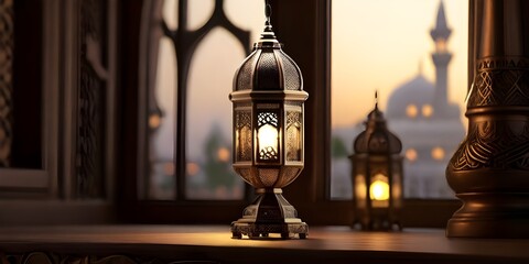 Fototapeta na wymiar Landscape photo of an Islamic lantern lamp with blurred mosque in the background for Eid ul fitr , Eid ul adha and Ramadan Mubarak background, Ramzan Mubarak Poster, Ramadan Kareem banner copy space