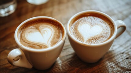  two cups of coffee on a table with a heart drawn in the foam on the top of the mugs. - obrazy, fototapety, plakaty
