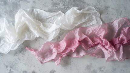  a couple of white and pink tissue sitting on top of a cement floor next to a pink and white piece of cloth. - obrazy, fototapety, plakaty