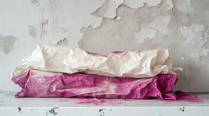  a piece of pink tissue paper sitting on top of a white shelf next to a wall with peeling paint on it.