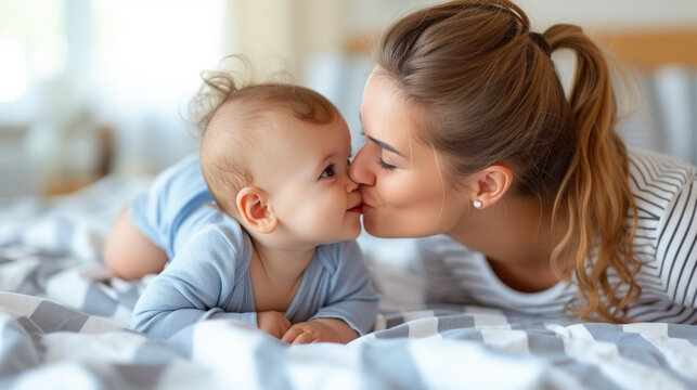 Mother  Kissing Baby on Bed