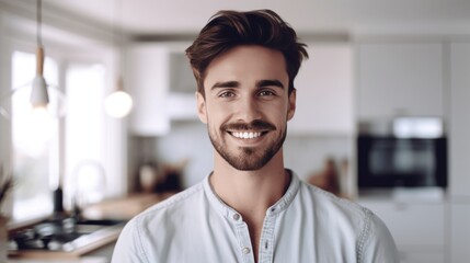 Portrait of happy smiling guy with white teeth looking at camera on blurred kitchen on background.