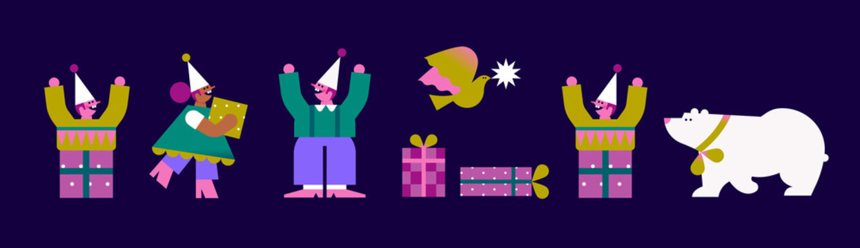 Holidays elements, bird, stars, gifts, bear and elfes