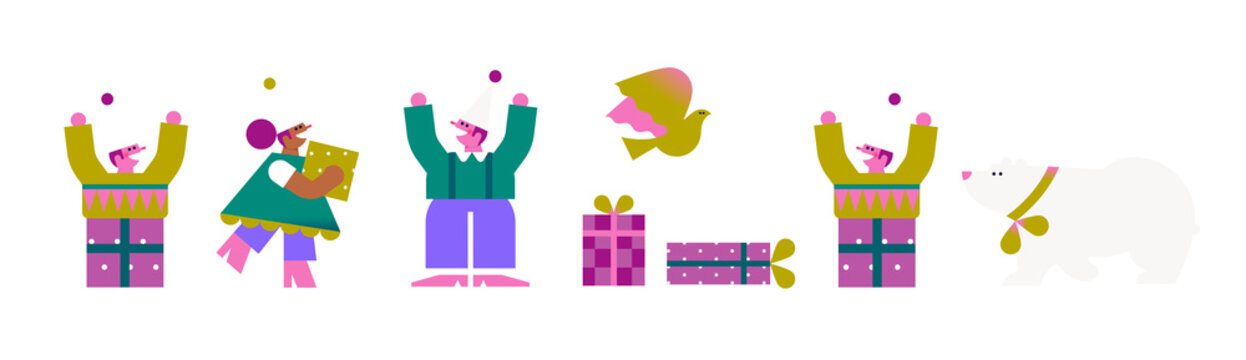Holidays elements, bird, stars, gifts, bear and elfes