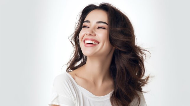Portrait of beautiful brunette young woman with shaggy hairstyle smiling cheerfully, showing her white teeth to camera while feeling happy on white background