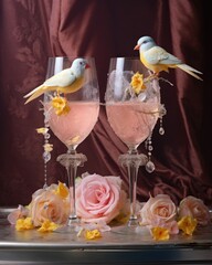  a couple of wine glasses sitting on top of a table filled with pink liquid and a couple of birds sitting on top of the glasses.